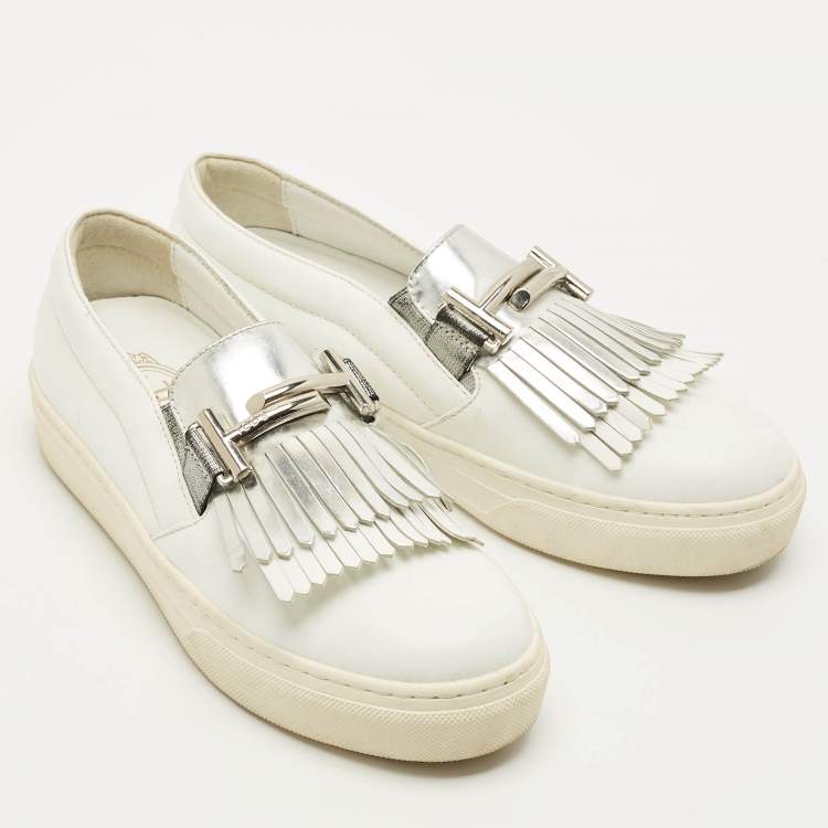 Pre Owned Tod's Fringe Strap Size 36 White Leather Slip On Loafer Sneakers