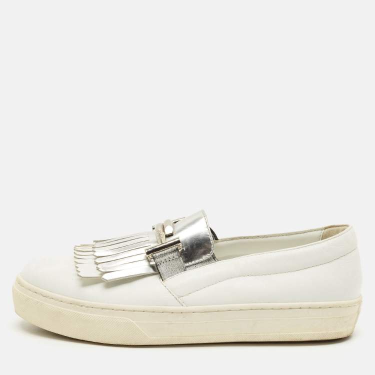 Pre Owned Tod's Fringe Strap Size 36 White Leather Slip On Loafer Sneakers
