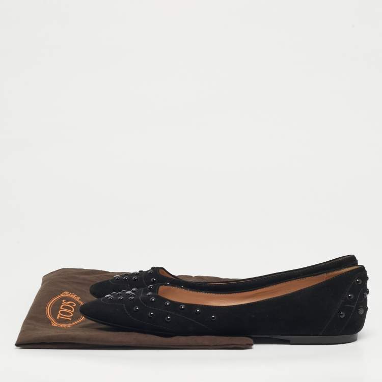 Pre Owned Tod's Size 38 Black Suede Studded  Ballet Flats