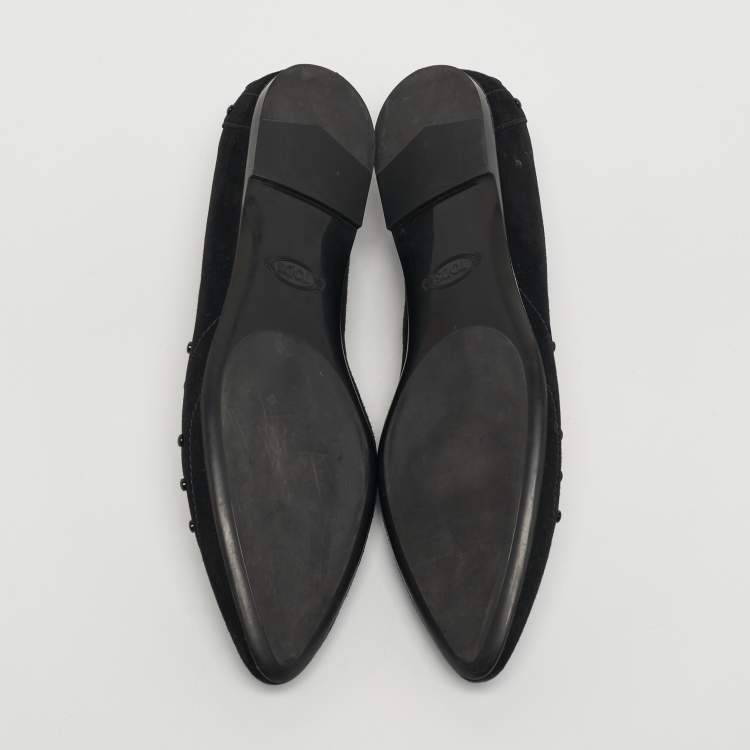 Pre Owned Tod's Size 38 Black Suede Studded  Ballet Flats