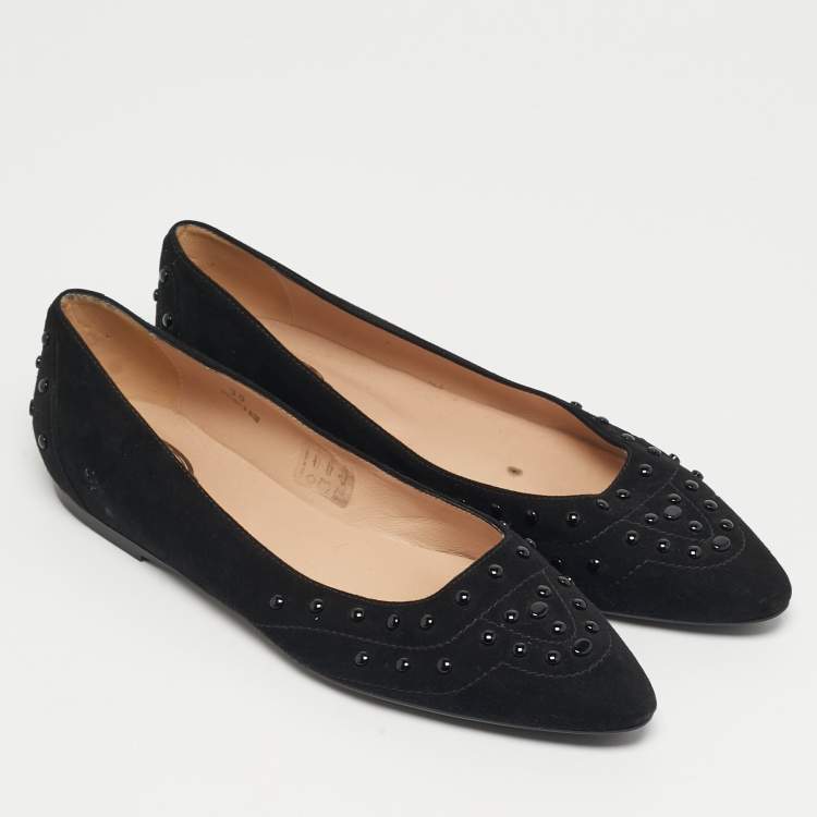 Pre Owned Tod's Size 38 Black Suede Studded  Ballet Flats
