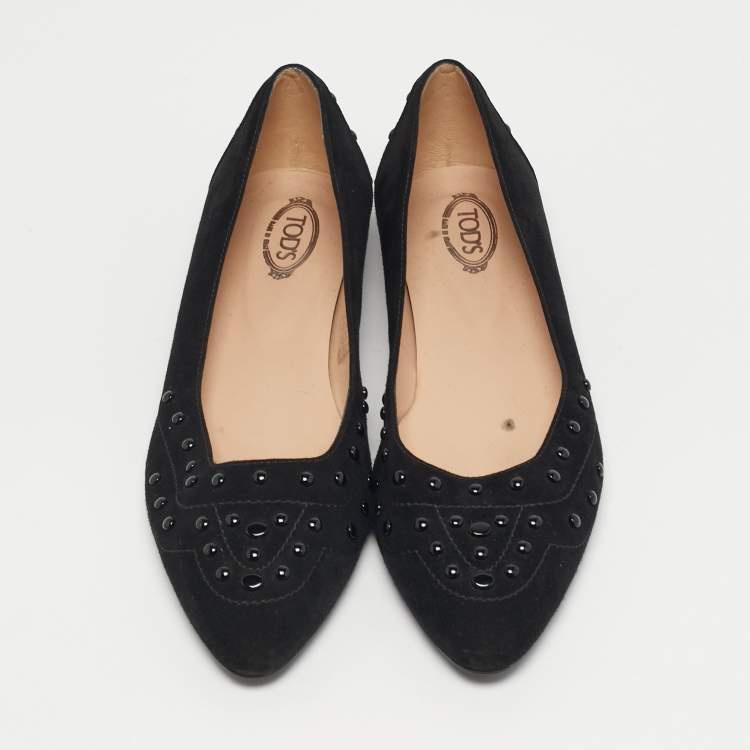 Pre Owned Tod's Size 38 Black Suede Studded  Ballet Flats