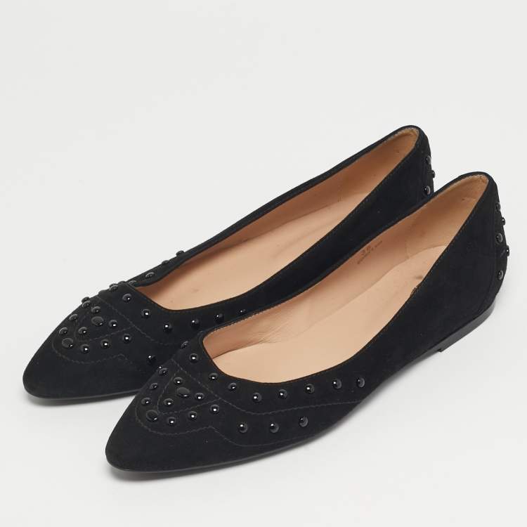 Pre Owned Tod's Size 38 Black Suede Studded  Ballet Flats