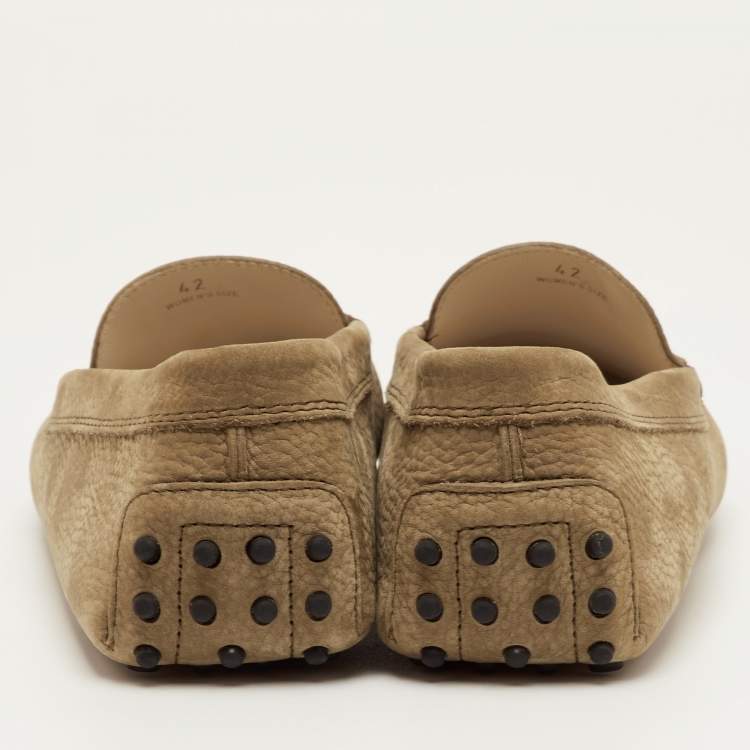 Pre Owned Tod's Gommino Size 42 Green Olive Nubuck Leather Driver Loafers