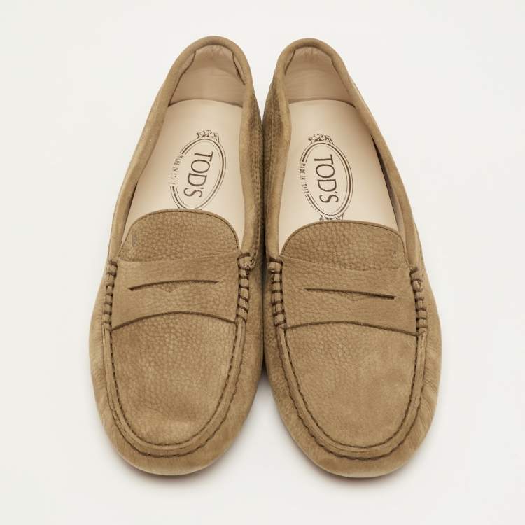 Pre Owned Tod's Gommino Size 42 Green Olive Nubuck Leather Driver Loafers