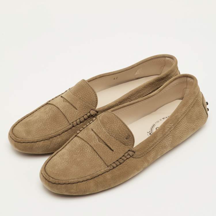 Pre Owned Tod's Gommino Size 42 Green Olive Nubuck Leather Driver Loafers