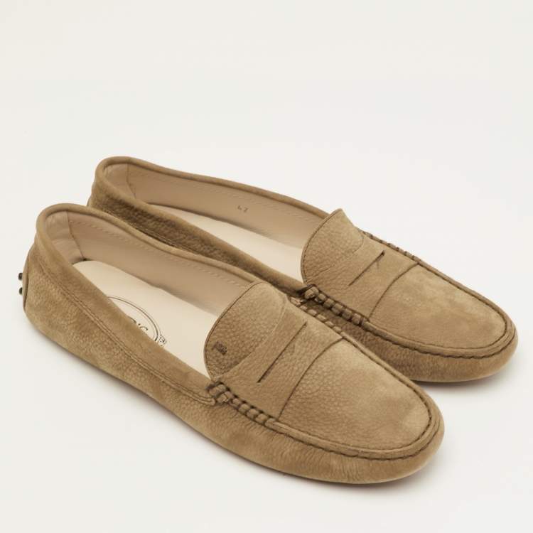 Pre Owned Tod's Gommino Size 42 Green Olive Nubuck Leather Driver Loafers