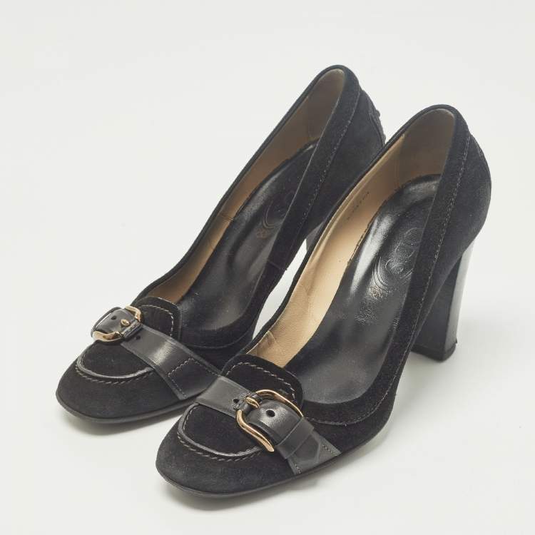Pre Owned Tod's Size 37 Black Suede Buuckle Details Loafer Pumps