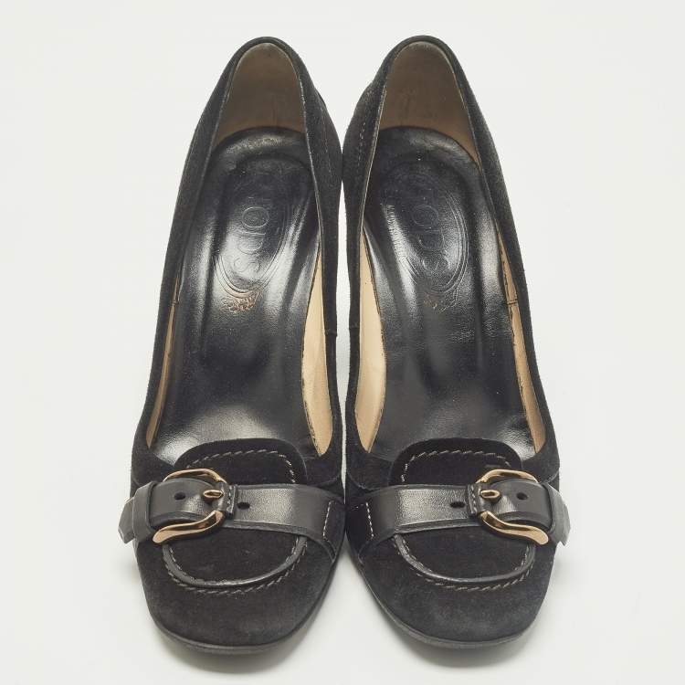 Pre Owned Tod's Size 37 Black Suede Buuckle Details Loafer Pumps