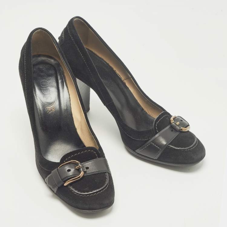 Pre Owned Tod's Size 37 Black Suede Buuckle Details Loafer Pumps