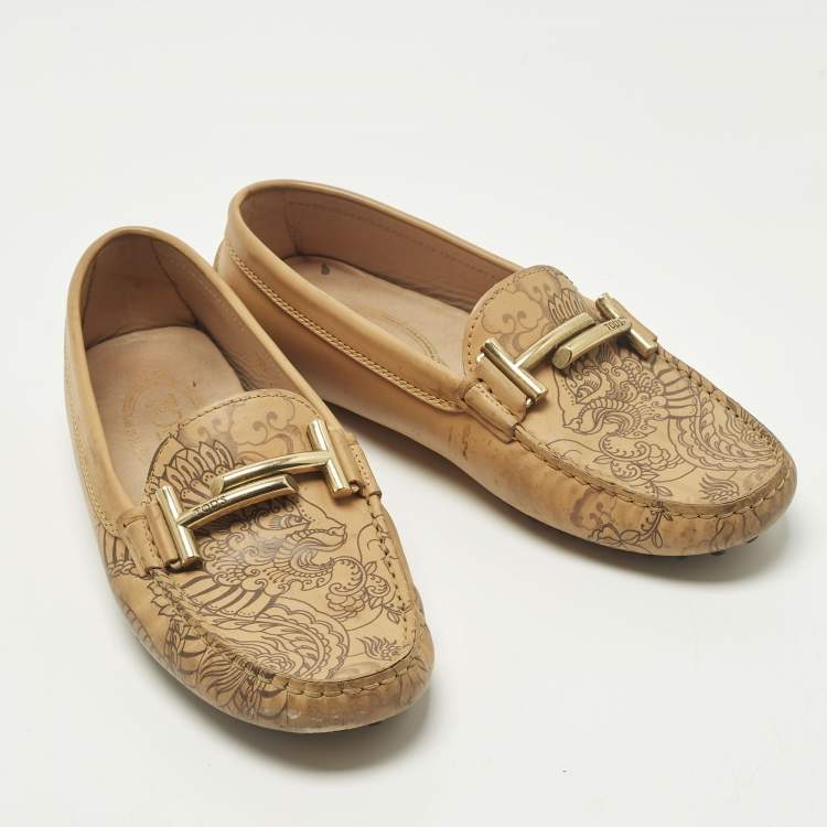 Pre Owned Tod's Double T Size 36 Beige Tattoo Dragon Print Leather Slip On Loafers