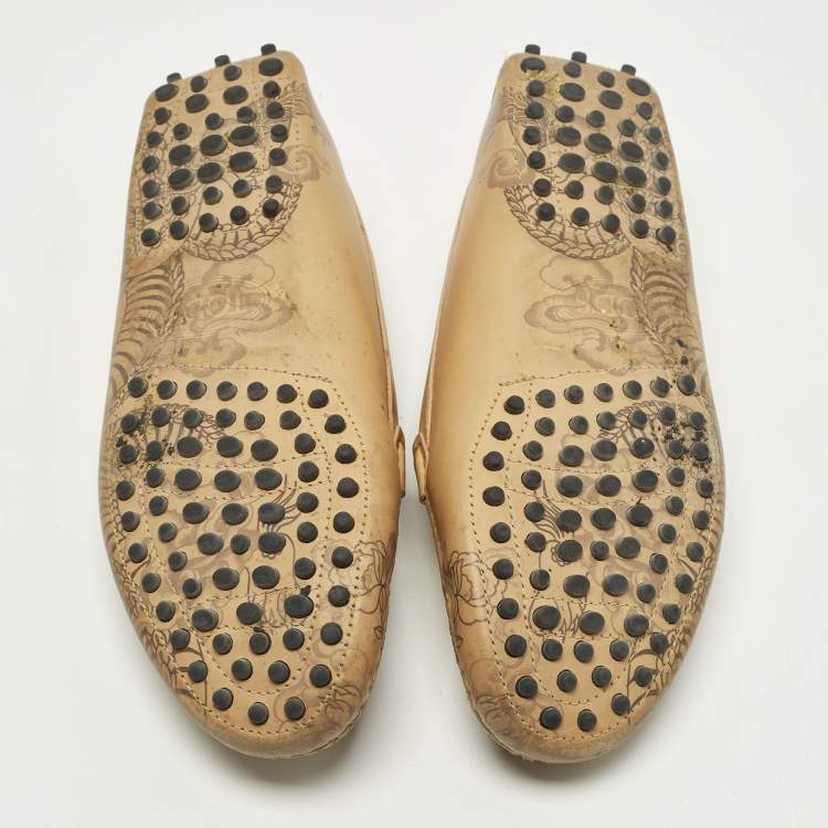 Pre Owned Tod's Double T Size 36 Beige Tattoo Dragon Print Leather Slip On Loafers