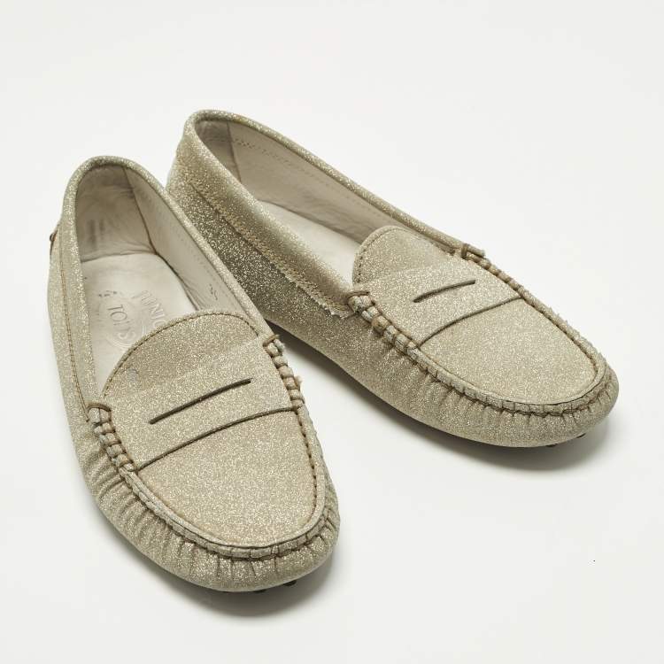 مملوكة مسبقًا Tod's Gommino Size 34 Gold Glitter Driver Loafers