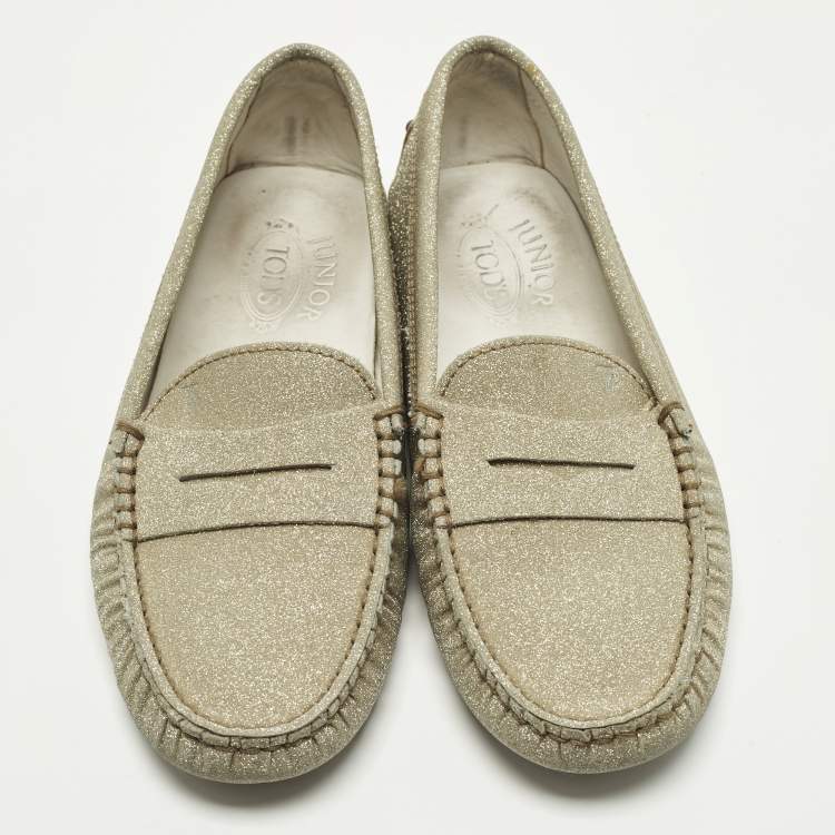 مملوكة مسبقًا Tod's Gommino Size 34 Gold Glitter Driver Loafers