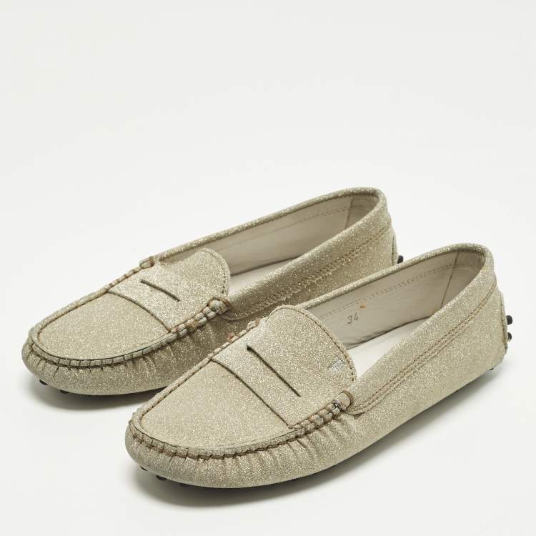 مملوكة مسبقًا Tod's Gommino Size 34 Gold Glitter Driver Loafers