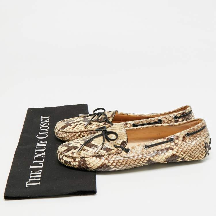 Pre Owned Tod's Gommino Size 39 Beige/Brown Python Leather Driver Loafers