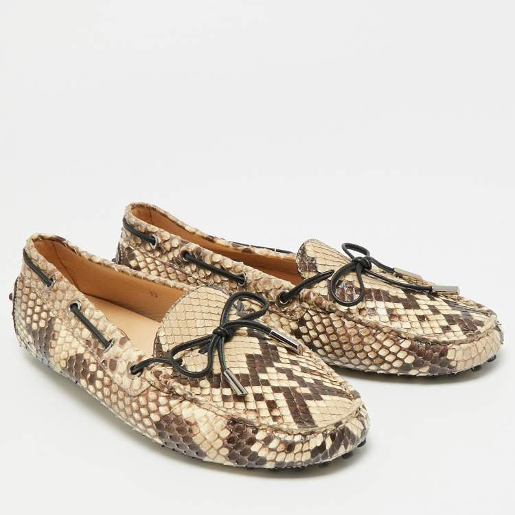 Pre Owned Tod's Gommino Size 39 Beige/Brown Python Leather Driver Loafers