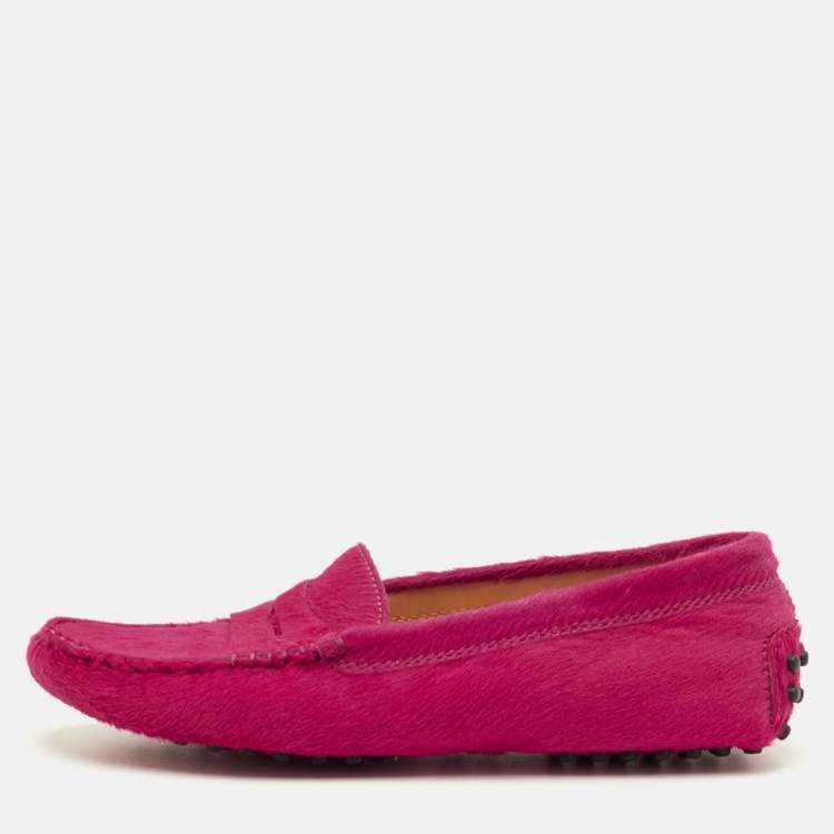 Pre Owned Tod's Size 35.5 Pink Calf Hair Penny Loafers