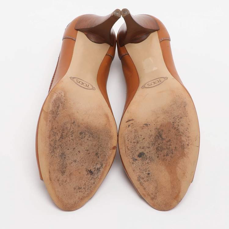Pre Owned Tod's Size 37 Brown Patent Leather Peep Toe Pumps