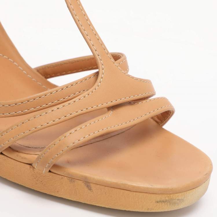 Pre Owned Tod's Size 37 Tan Leather T-Strap Sandals