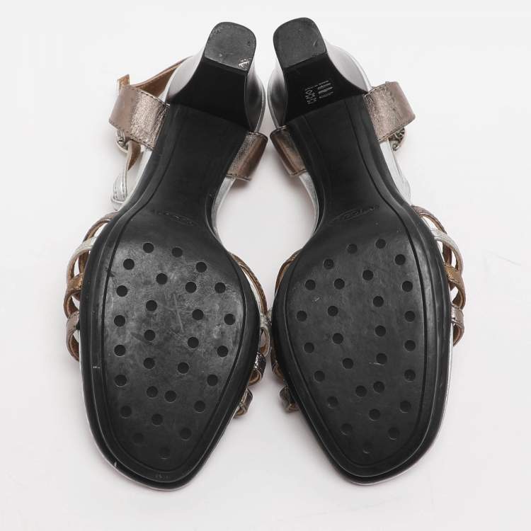Pre Owned Tod's Size 37.5 Metallic Leather T-Strap Sandals