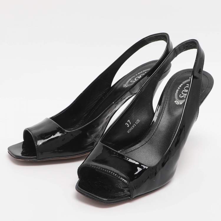 Pre Owned Tod's Size 37 Black Patent Leather Slingback Sandals