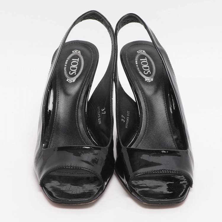 Pre Owned Tod's Size 37 Black Patent Leather Slingback Sandals