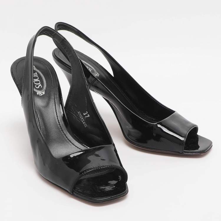 Pre Owned Tod's Size 37 Black Patent Leather Slingback Sandals