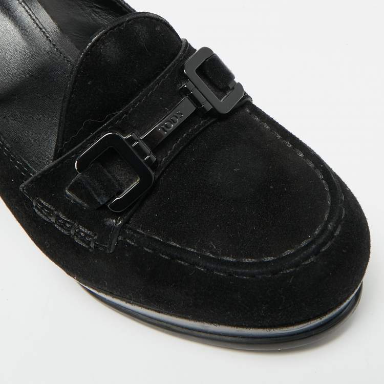 Pre Owned Tod's Size 37.5 Black Suede Block Heel Loafer Pumps