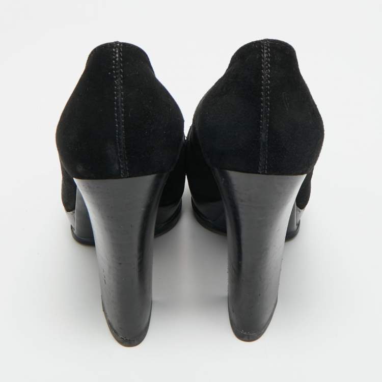 Pre Owned Tod's Size 37.5 Black Suede Block Heel Loafer Pumps