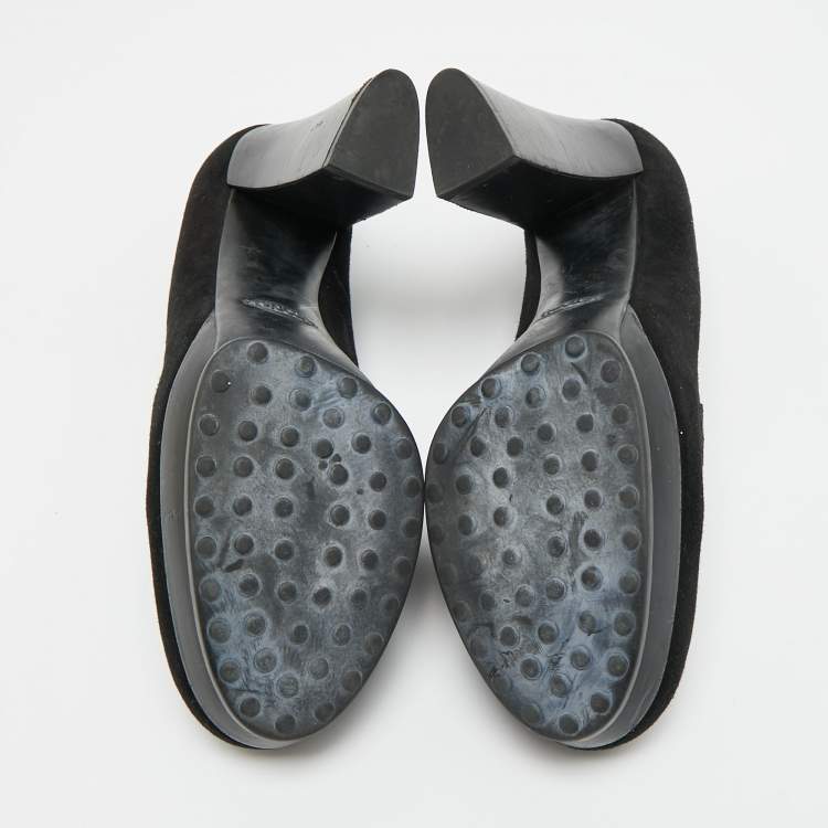 Pre Owned Tod's Size 37.5 Black Suede Block Heel Loafer Pumps