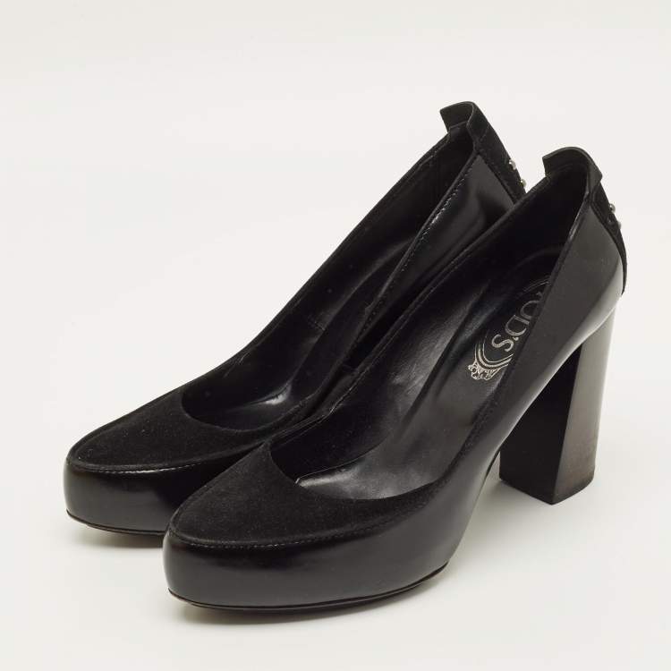 Pre Owned Tod's Size 39.5 Black Leather and Suede Block Heel Pumps