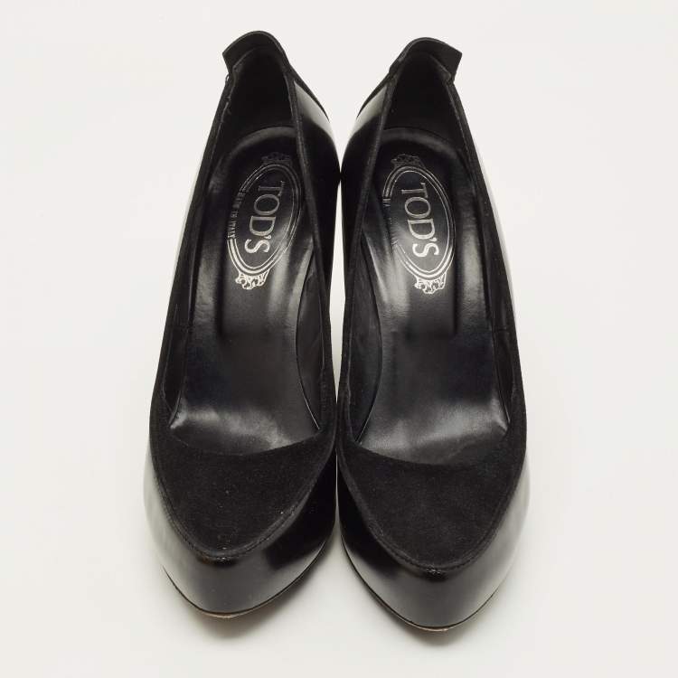 Pre Owned Tod's Size 39.5 Black Leather and Suede Block Heel Pumps