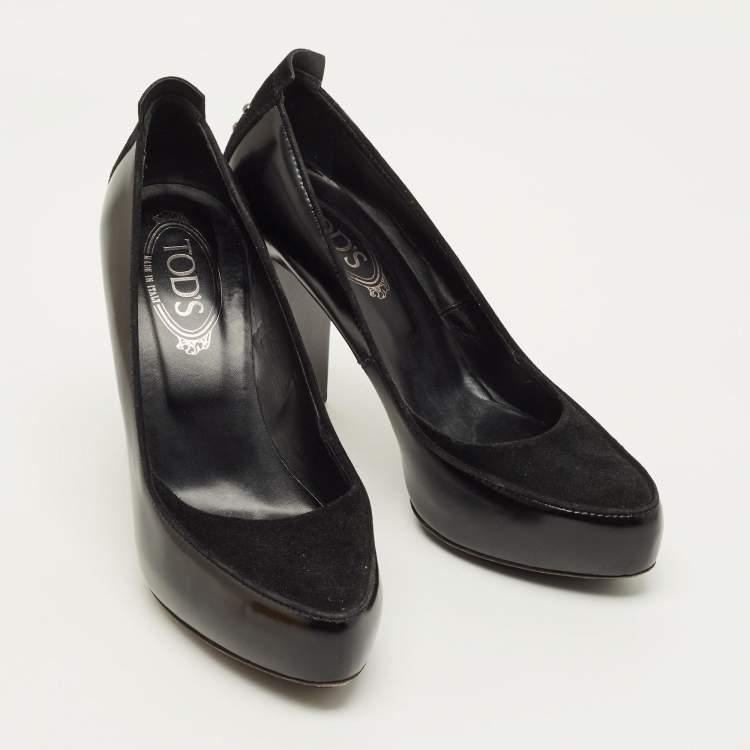 Pre Owned Tod's Size 39.5 Black Leather and Suede Block Heel Pumps