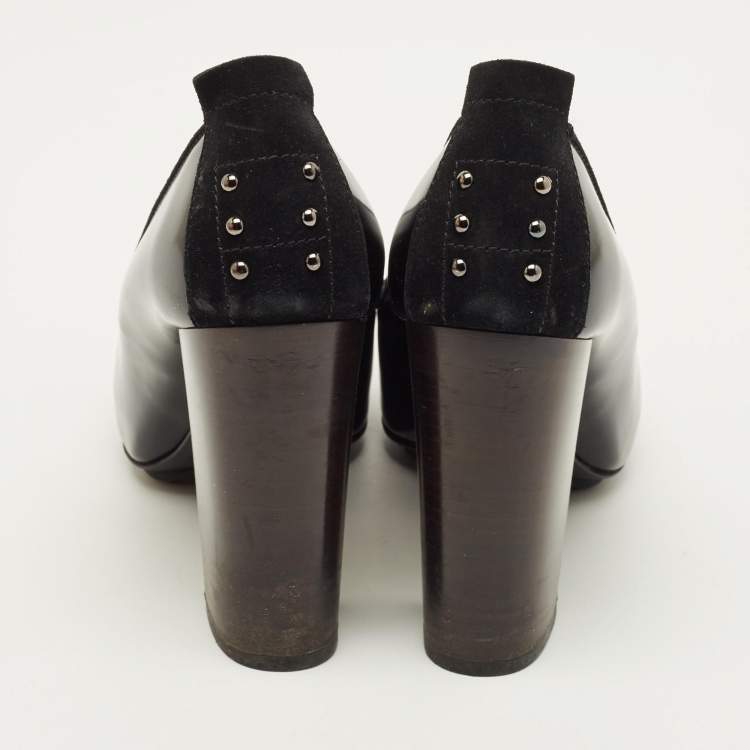 Pre Owned Tod's Size 39.5 Black Leather and Suede Block Heel Pumps