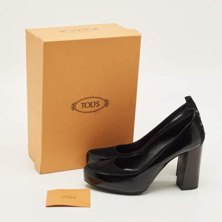 Pre Owned Tod's Size 39.5 Black Leather and Suede Block Heel Pumps