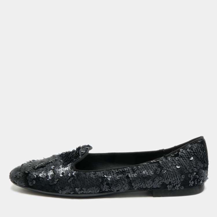 Pre Owned Tod's Size 38.5 Black Sequins and Velvet Smoking Slippers