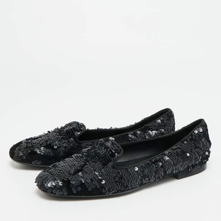 Pre Owned Tod's Size 38.5 Black Sequins and Velvet Smoking Slippers