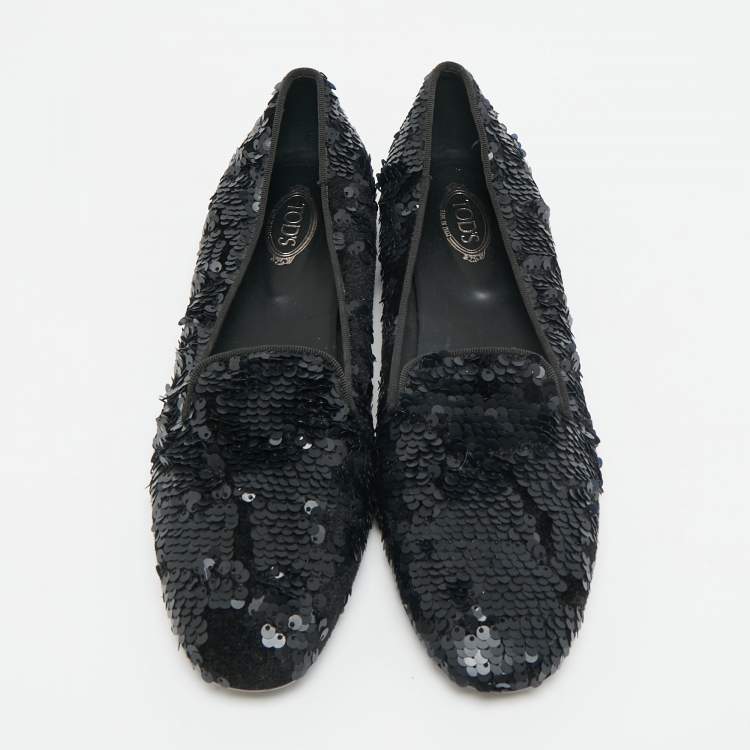 Pre Owned Tod's Size 38.5 Black Sequins and Velvet Smoking Slippers