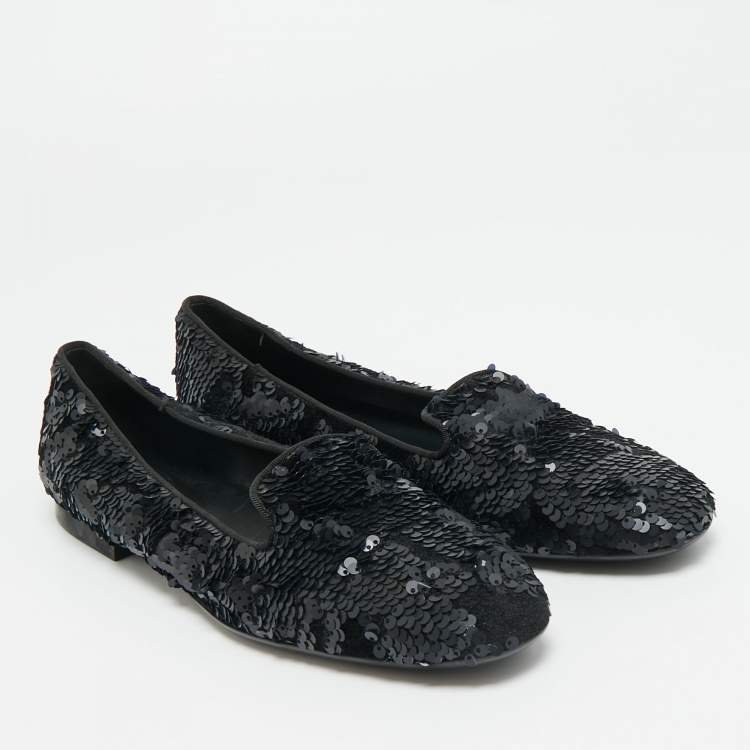 Pre Owned Tod's Size 38.5 Black Sequins and Velvet Smoking Slippers