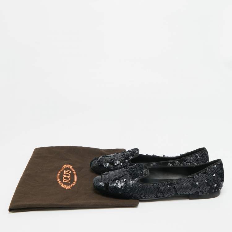 Pre Owned Tod's Size 38.5 Black Sequins and Velvet Smoking Slippers