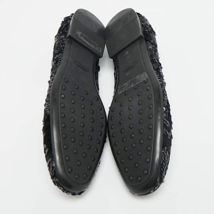 Pre Owned Tod's Size 38.5 Black Sequins and Velvet Smoking Slippers