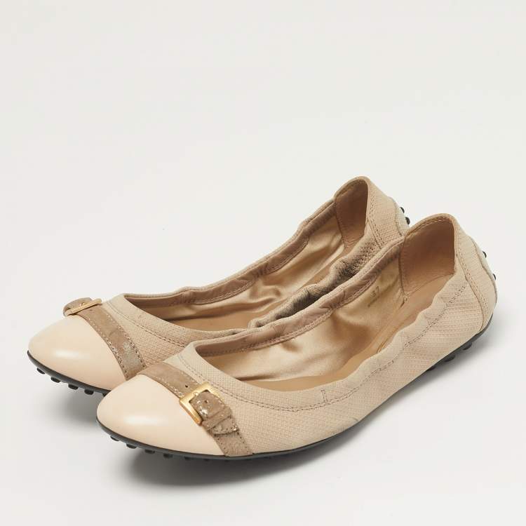 Pre Owned Tod's Size 37 Grey/Beige Nubuck Leather and Suede Cap Toe Scrunch Ballet Flats