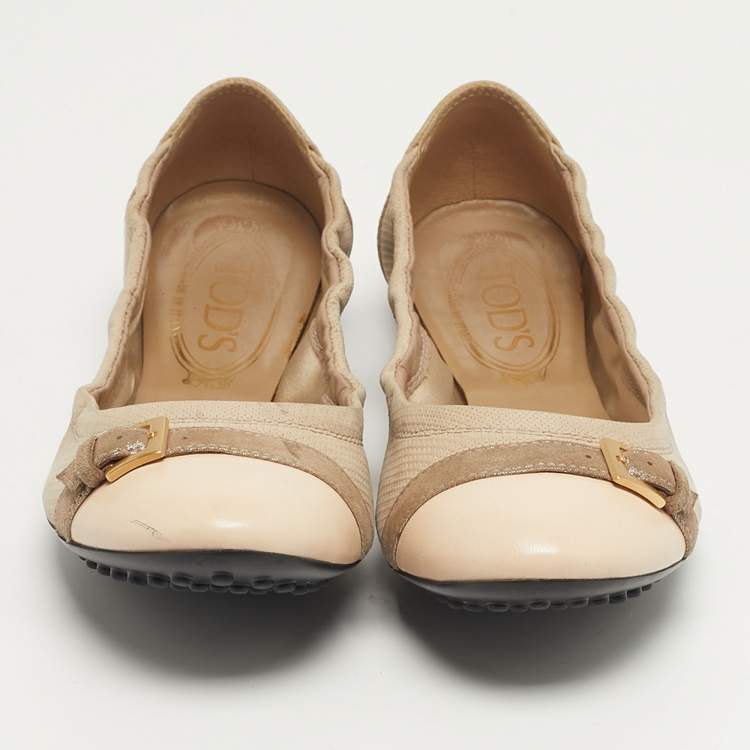 Pre Owned Tod's Size 37 Grey/Beige Nubuck Leather and Suede Cap Toe Scrunch Ballet Flats