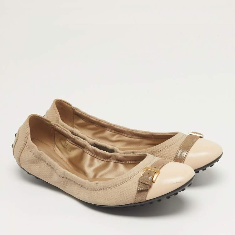 Pre Owned Tod's Size 37 Grey/Beige Nubuck Leather and Suede Cap Toe Scrunch Ballet Flats