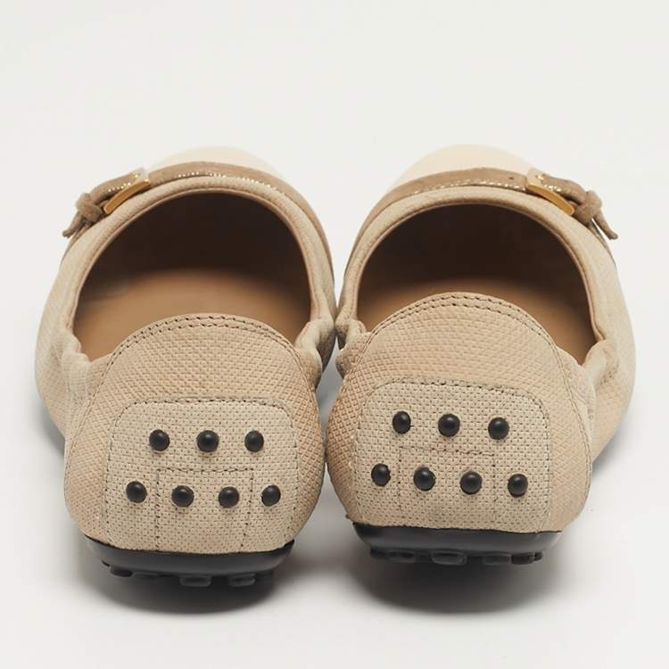 Pre Owned Tod's Size 37 Grey/Beige Nubuck Leather and Suede Cap Toe Scrunch Ballet Flats