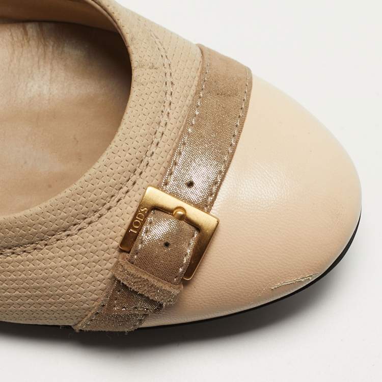Pre Owned Tod's Size 37 Grey/Beige Nubuck Leather and Suede Cap Toe Scrunch Ballet Flats