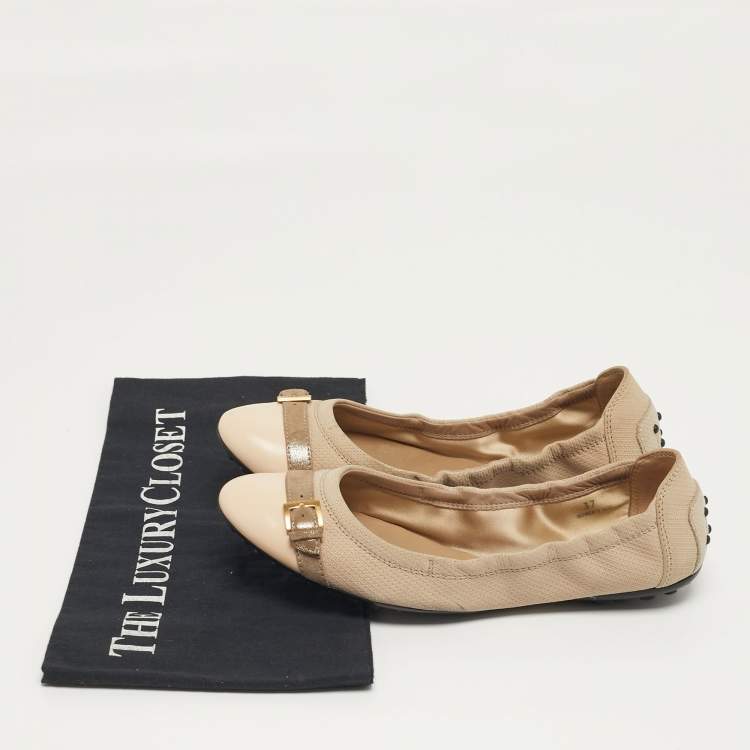 Pre Owned Tod's Size 37 Grey/Beige Nubuck Leather and Suede Cap Toe Scrunch Ballet Flats