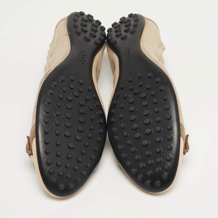 Pre Owned Tod's Size 37 Grey/Beige Nubuck Leather and Suede Cap Toe Scrunch Ballet Flats