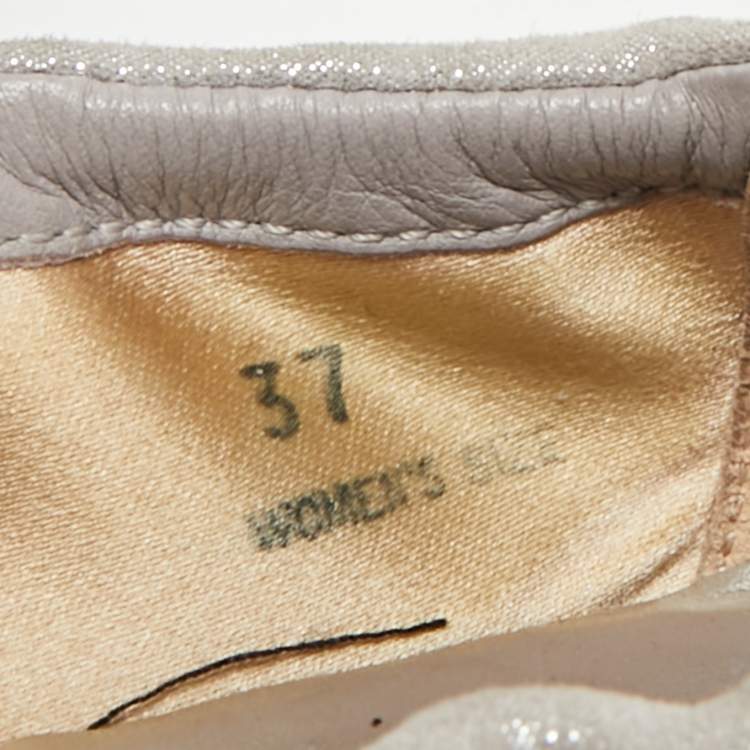 Pre Owned Tod's Size 37 Silver Leather and Shimmer Suede Braided Scrunch Ballet Flats